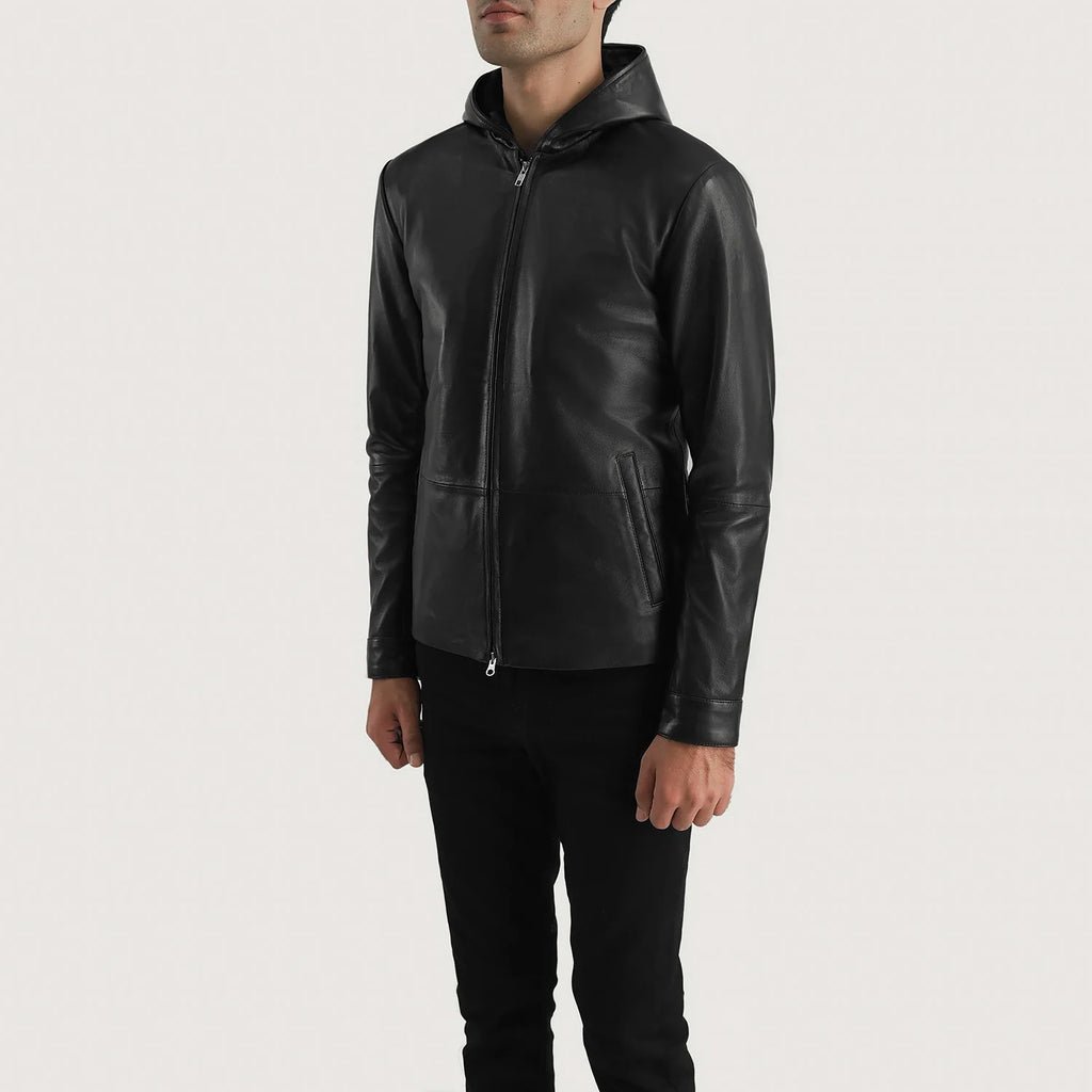 Andy Matte Black Hooded Leather Jacket - Image 2