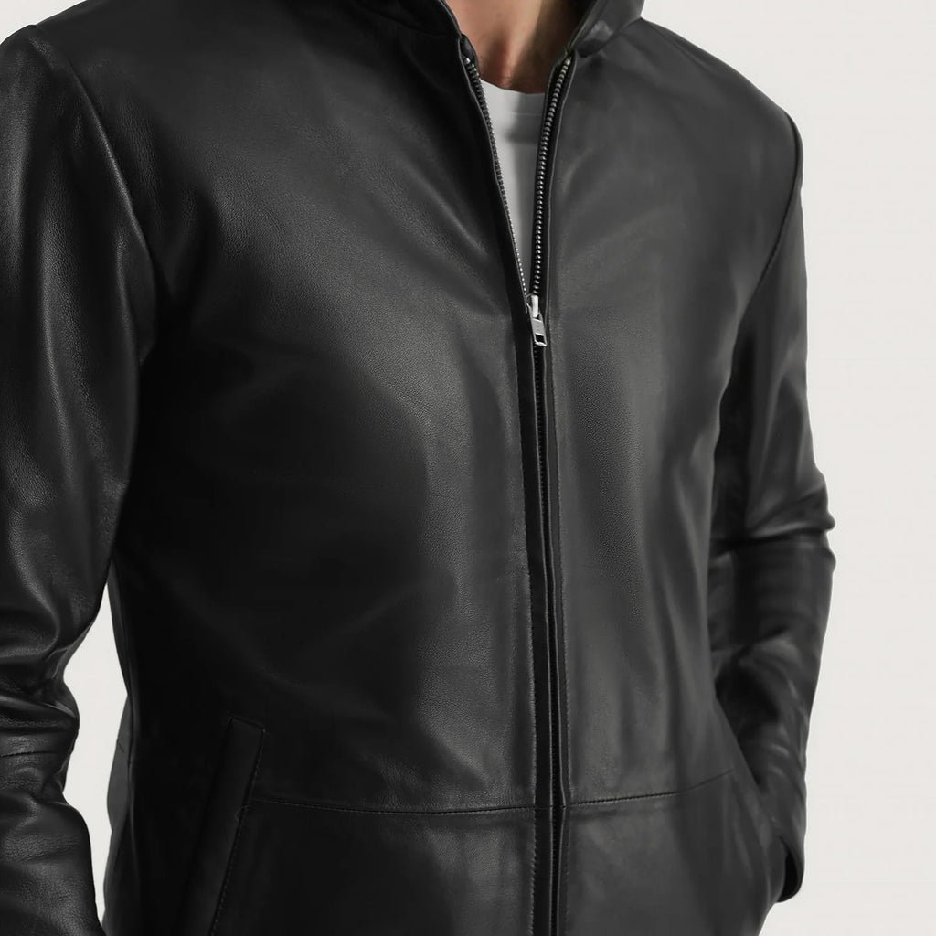 Andy Matte Black Hooded Leather Jacket - Image 6