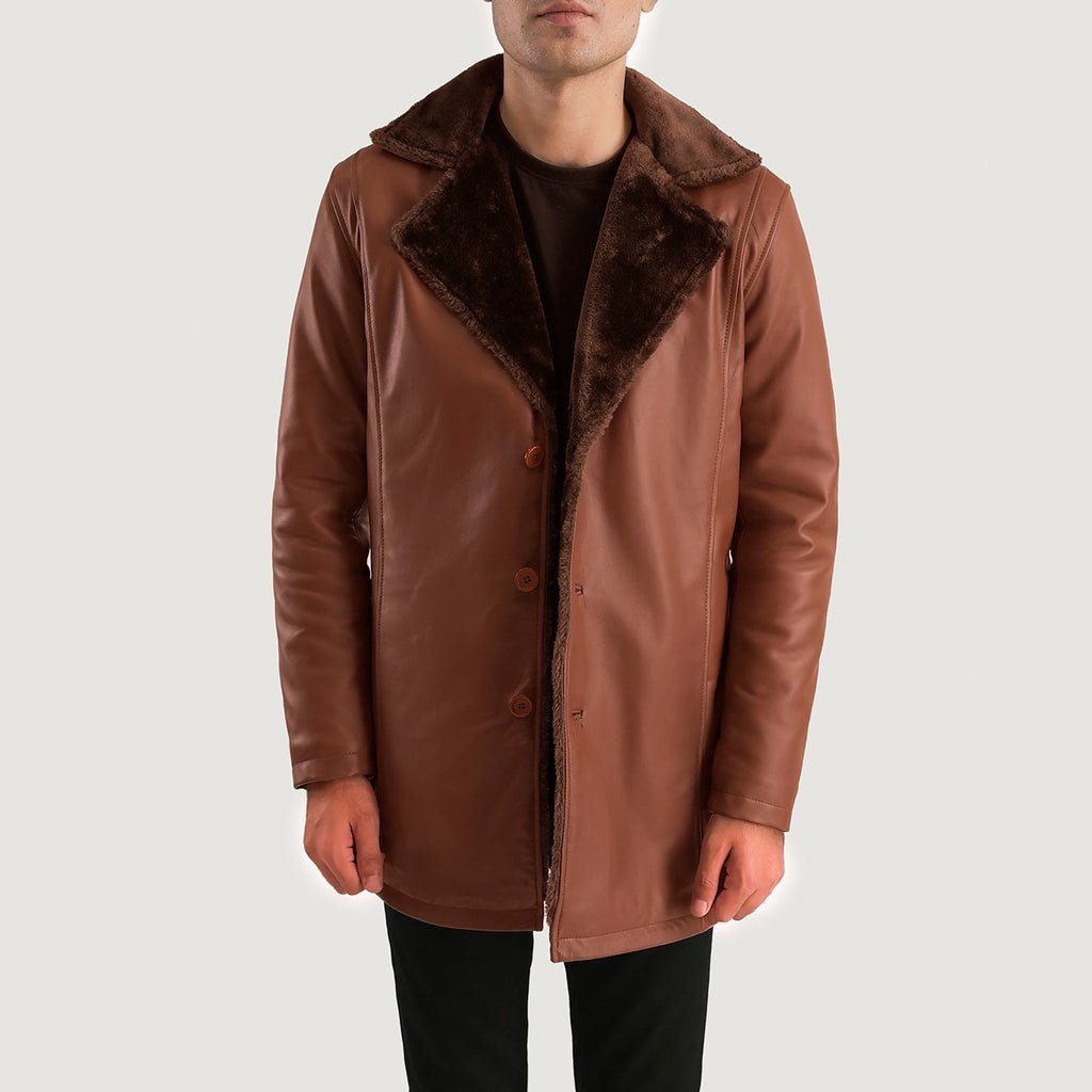 Cinnamon Brown Leather Fur Coat - Image 4