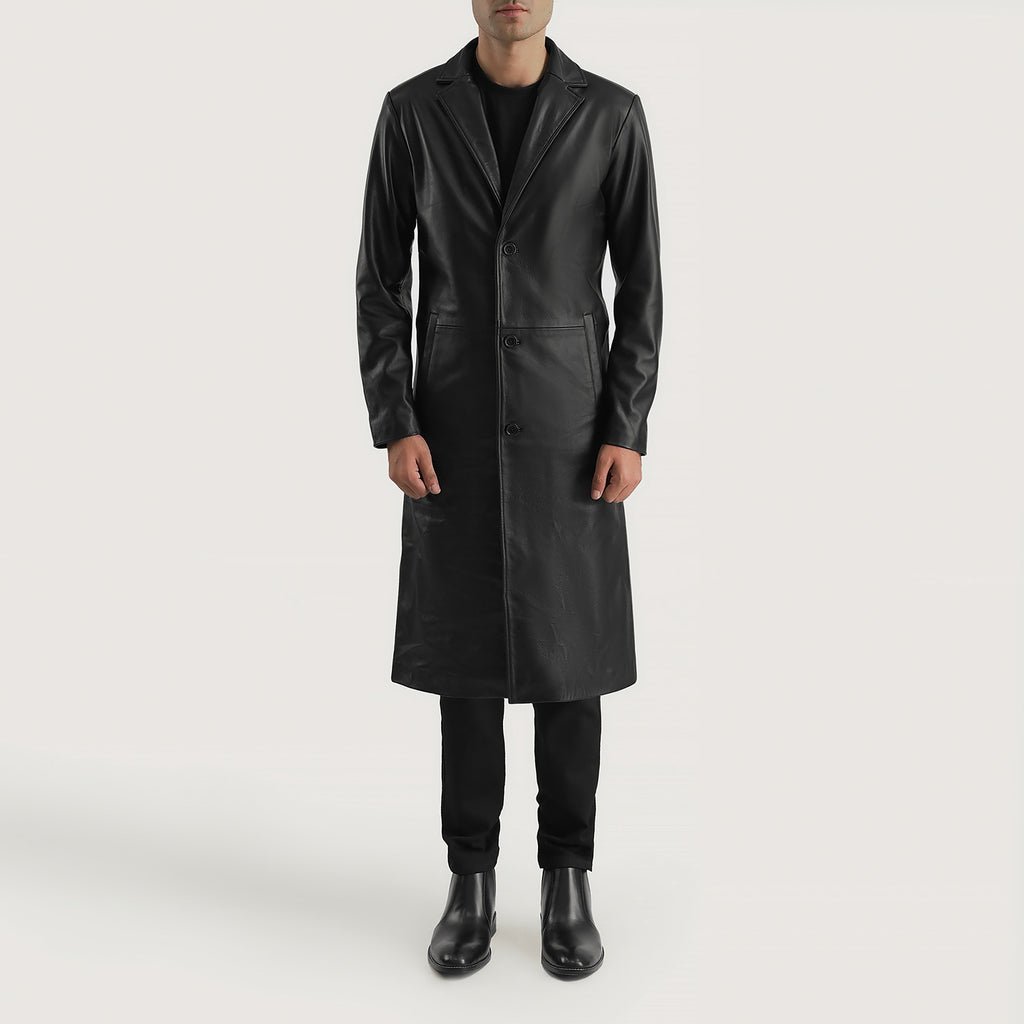 Mateo Black Leather Single Breasted Coat - Image 3