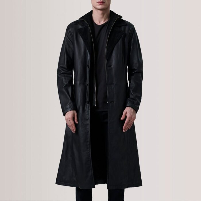 Charlton Black Leather Single Breasted Coat