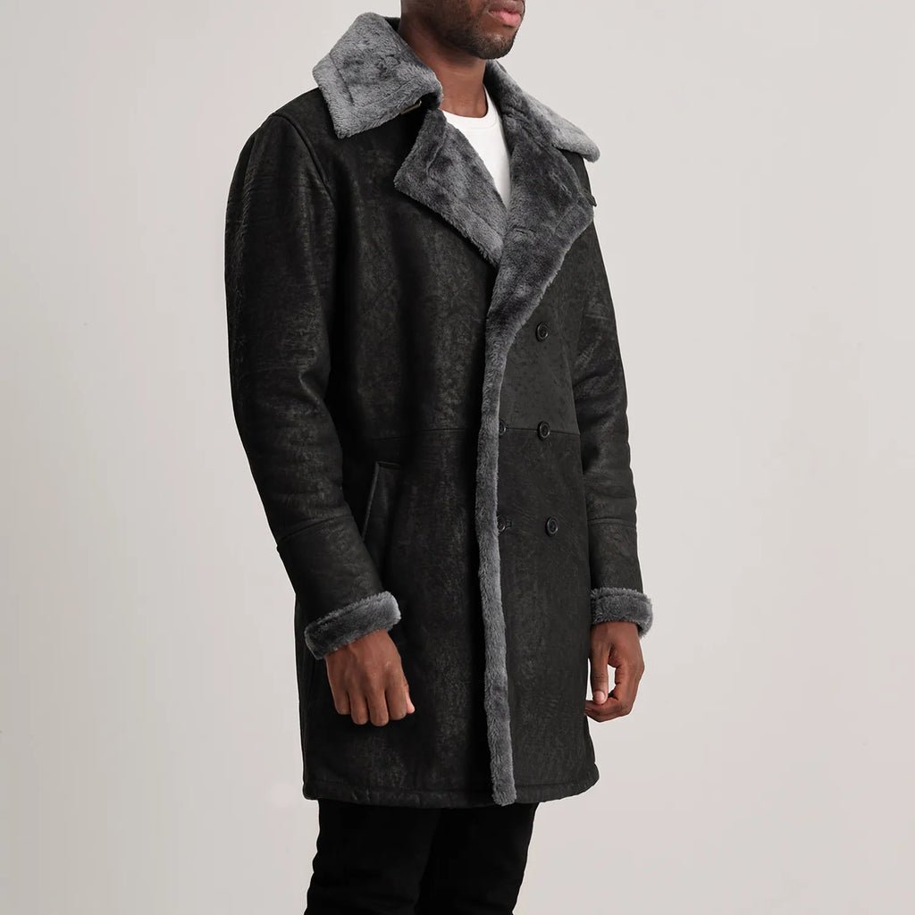 Charles Distressed Black Leather Shearling Double-Breasted Coat - Image 2