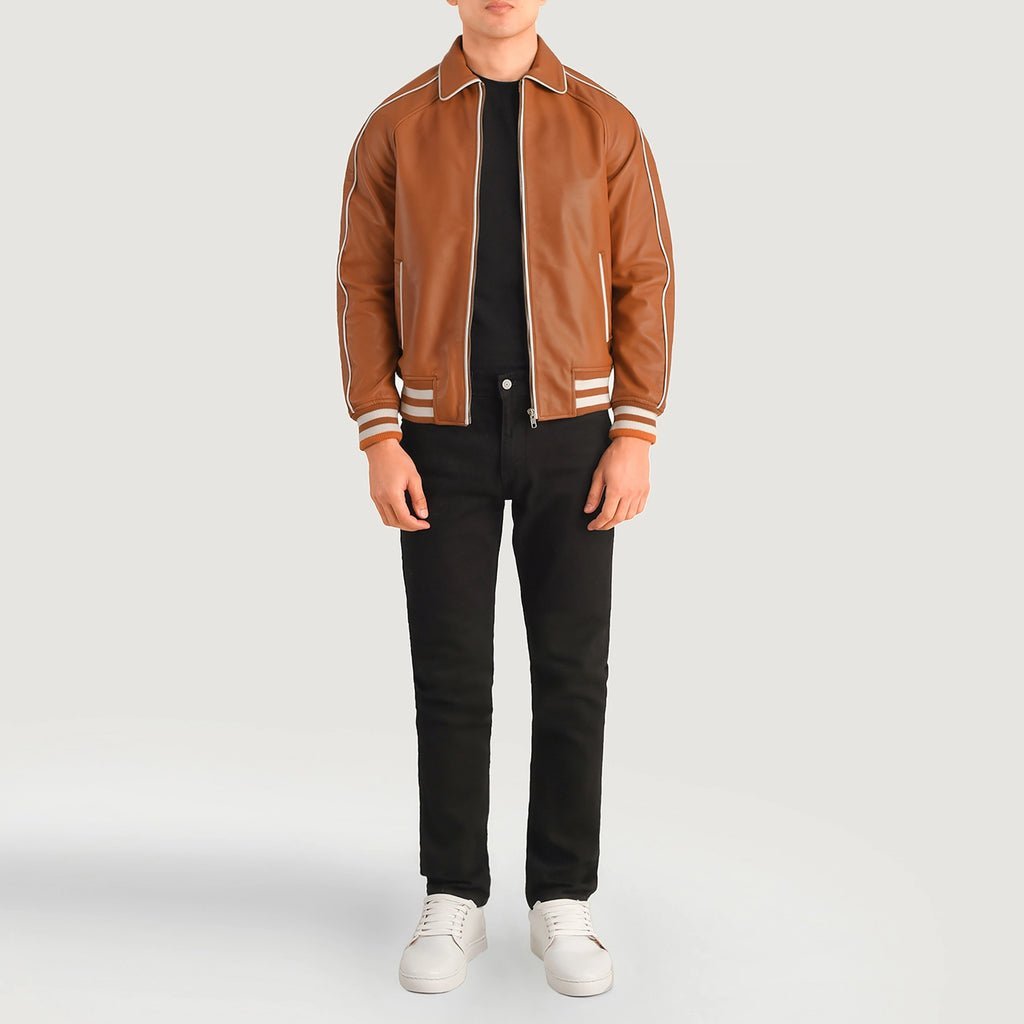 Cooper Tan Brown Leather Varsity Jacket - Image 3