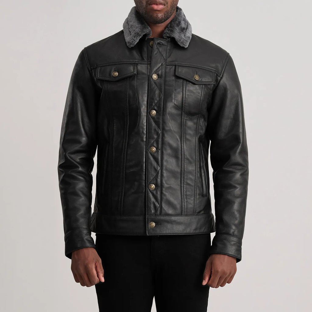 Dallis Black Leather Shearling Trucker Jacket - Image 4
