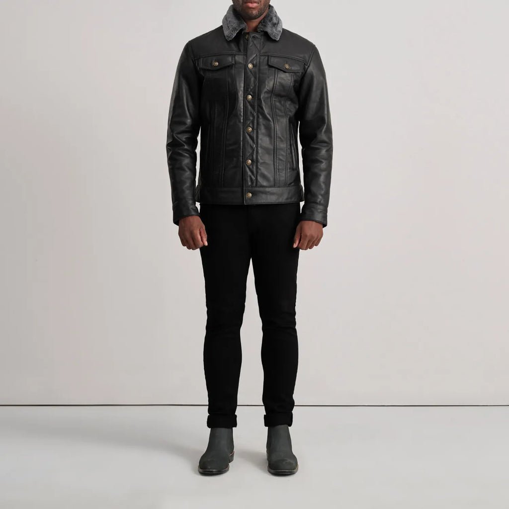 Dallis Black Leather Shearling Trucker Jacket - Image 3