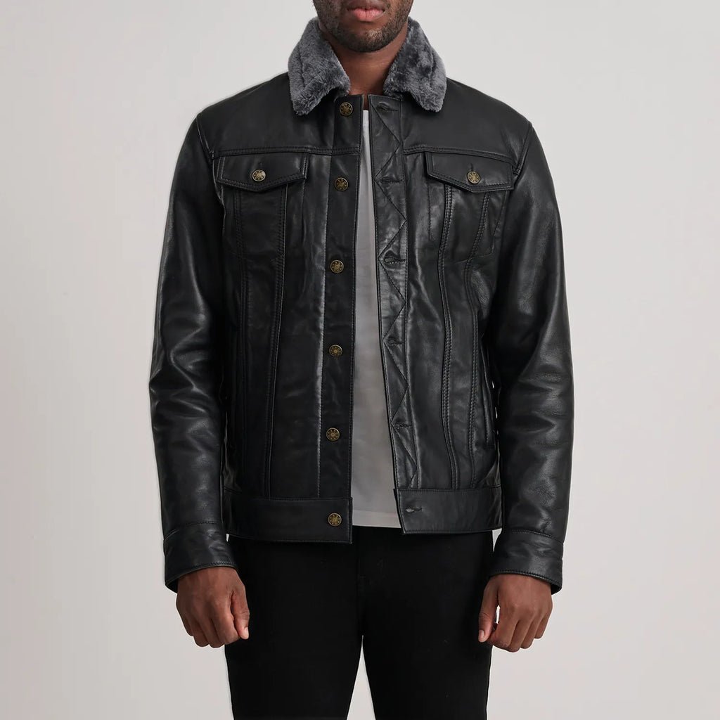 Dallis Black Leather Shearling Trucker Jacket