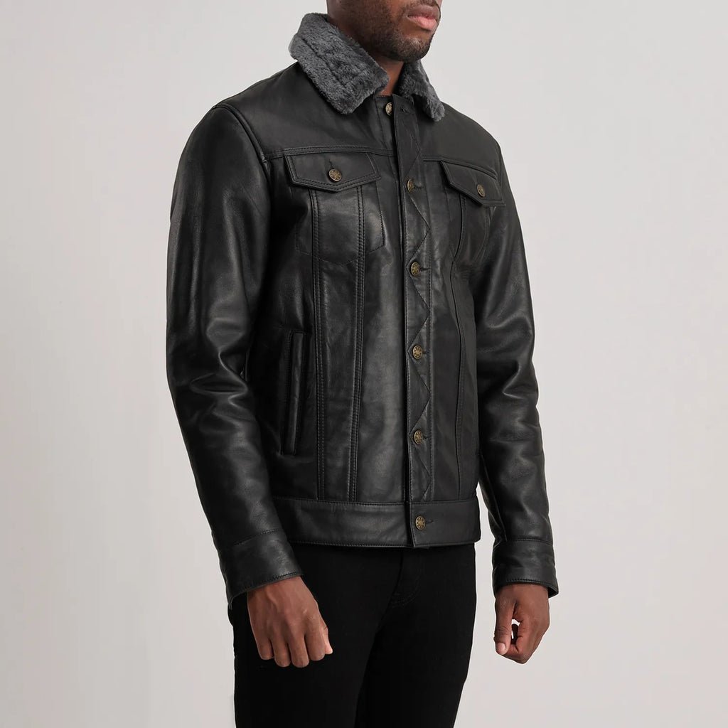 Dallis Black Leather Shearling Trucker Jacket - Image 2
