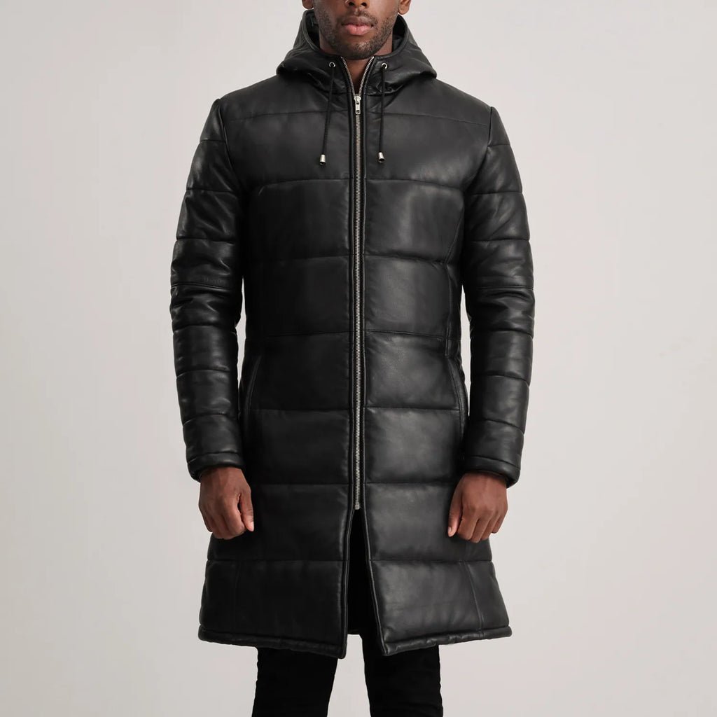 Floyd Black Hooded Leather Puffer Coat - Image 4
