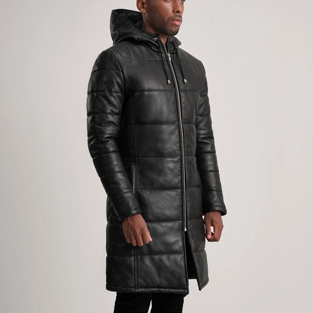 Floyd Black Hooded Leather Puffer Coat - Image 2