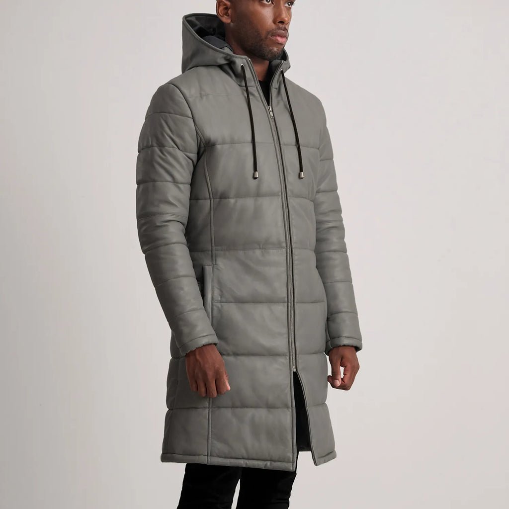 Floyd Grey Hooded Leather Puffer Coat - Image 2