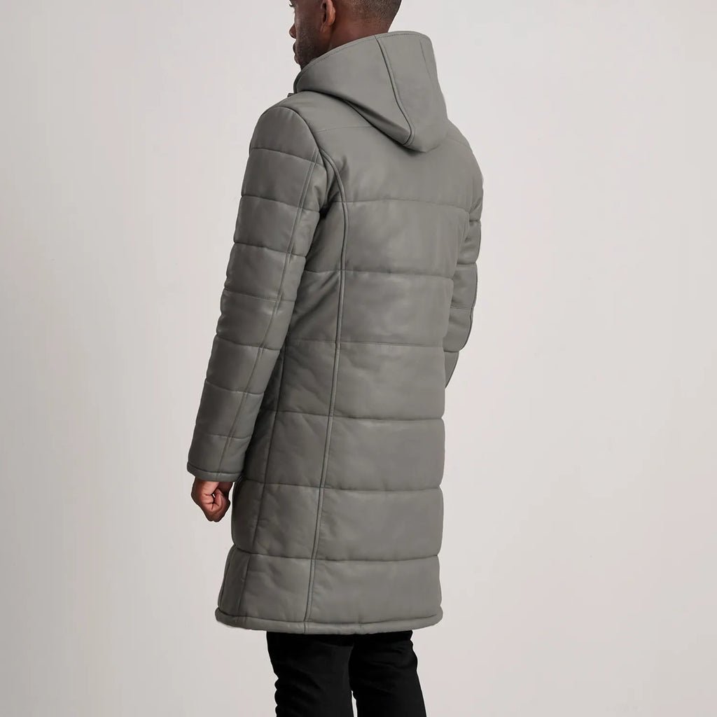 Floyd Grey Hooded Leather Puffer Coat - Image 5