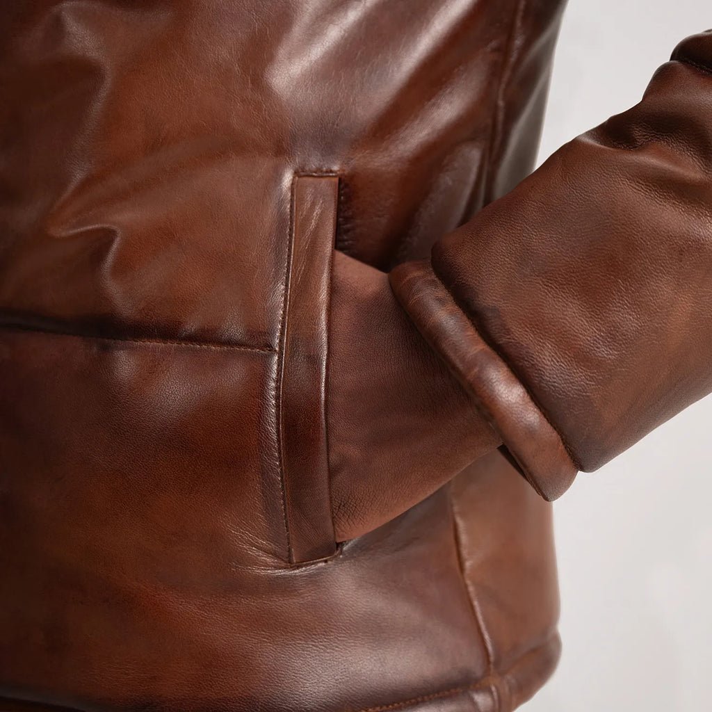 Gordon Waxed Brown Hooded Leather Puffer Jacket - Image 6
