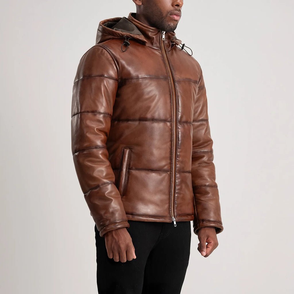 Gordon Waxed Brown Hooded Leather Puffer Jacket - Image 2
