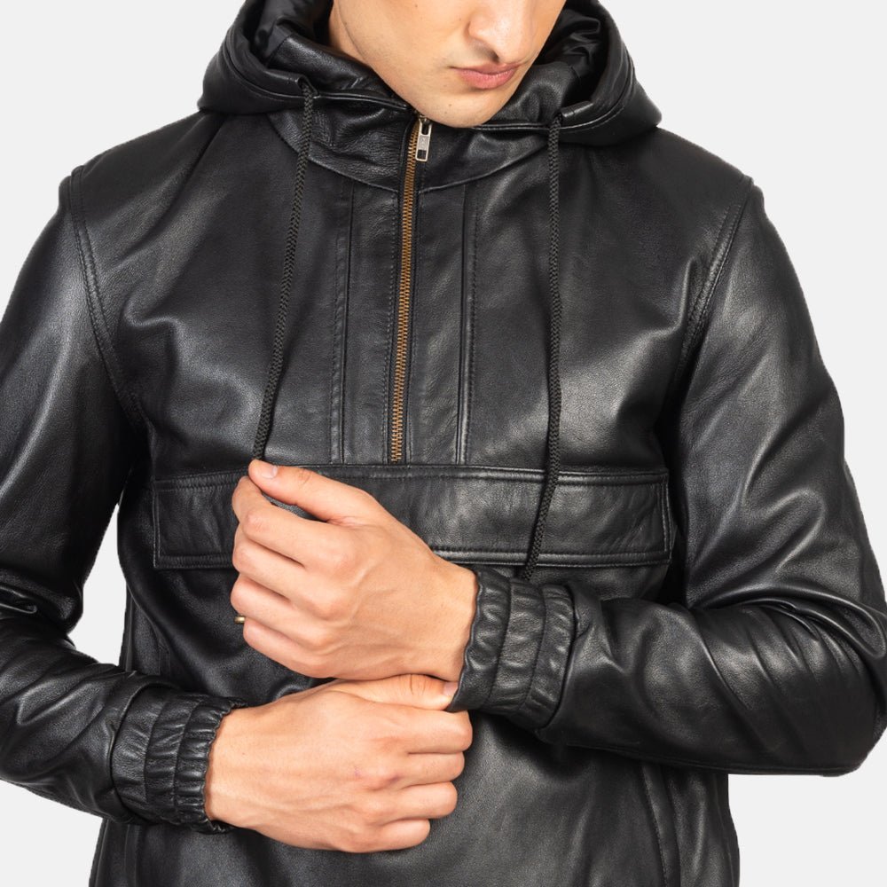 Kenton Hooded Black Leather Pullover Jacket - Image 6