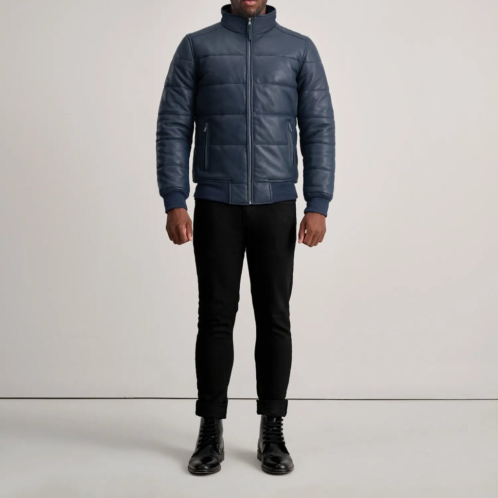 Lucas Blue Leather Puffer Bomber Jacket - Image 3