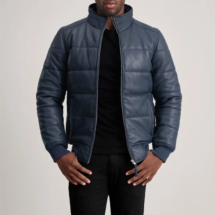 Lucas Blue Leather Puffer Bomber Jacket