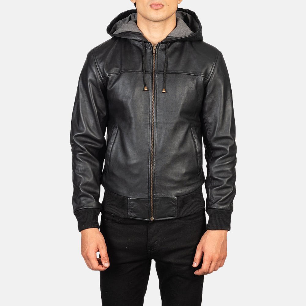 Nintenzo Black Hooded Leather Bomber Jacket - Image 4