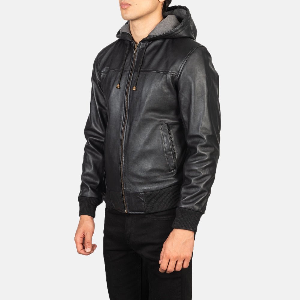 Nintenzo Black Hooded Leather Bomber Jacket - Image 2