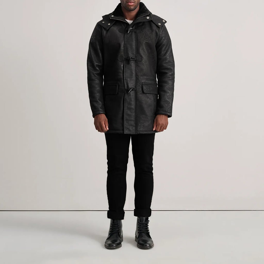 Nolan Distressed Black Leather Duffle Coat - Image 3