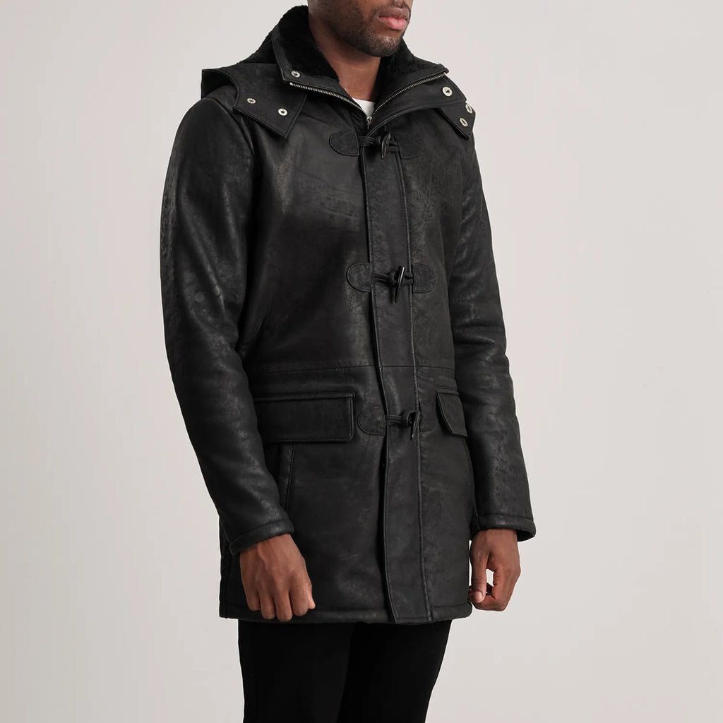 Nolan Distressed Black Leather Duffle Coat - Image 2