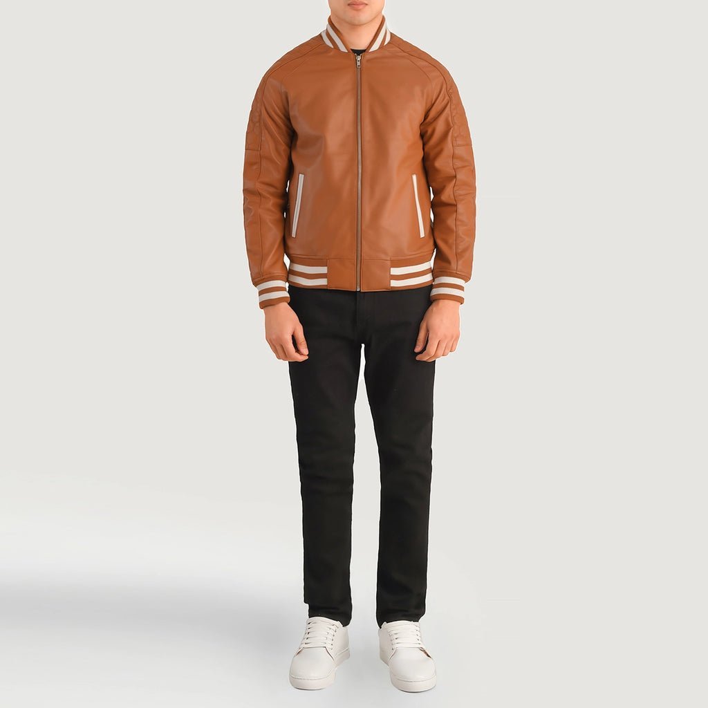 Pascal Tan Brown Leather Varsity Jacket - Image 3