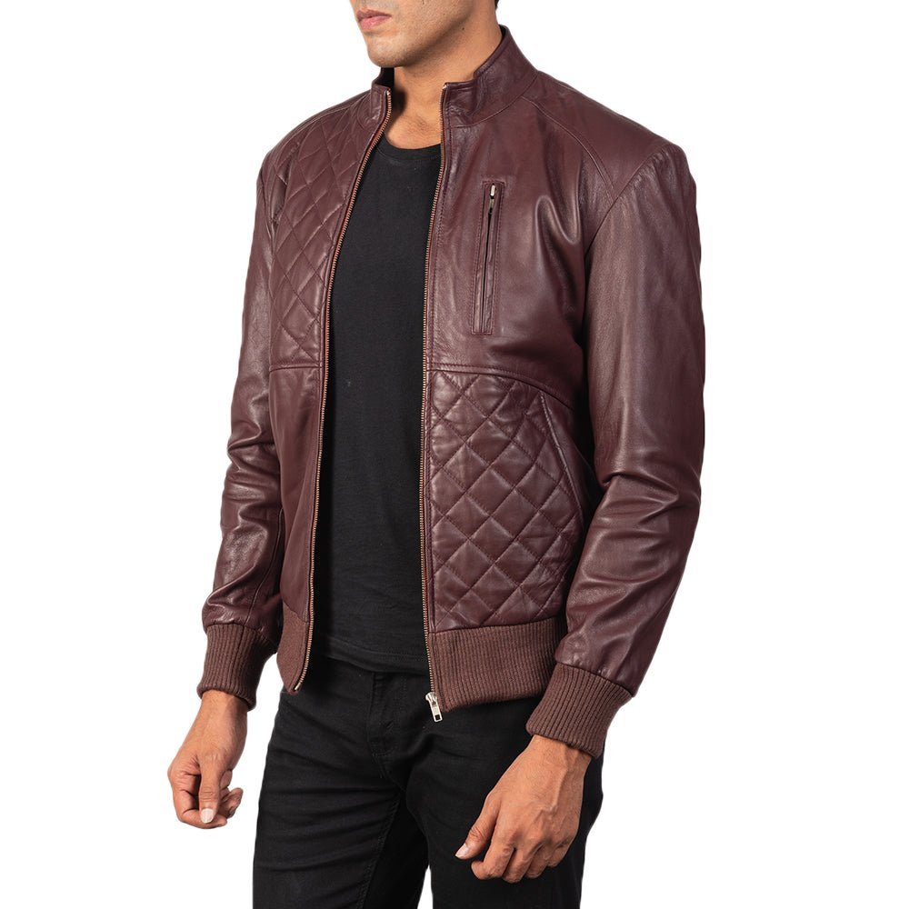 Moda Maroon Leather Bomber Jacket - Image 2
