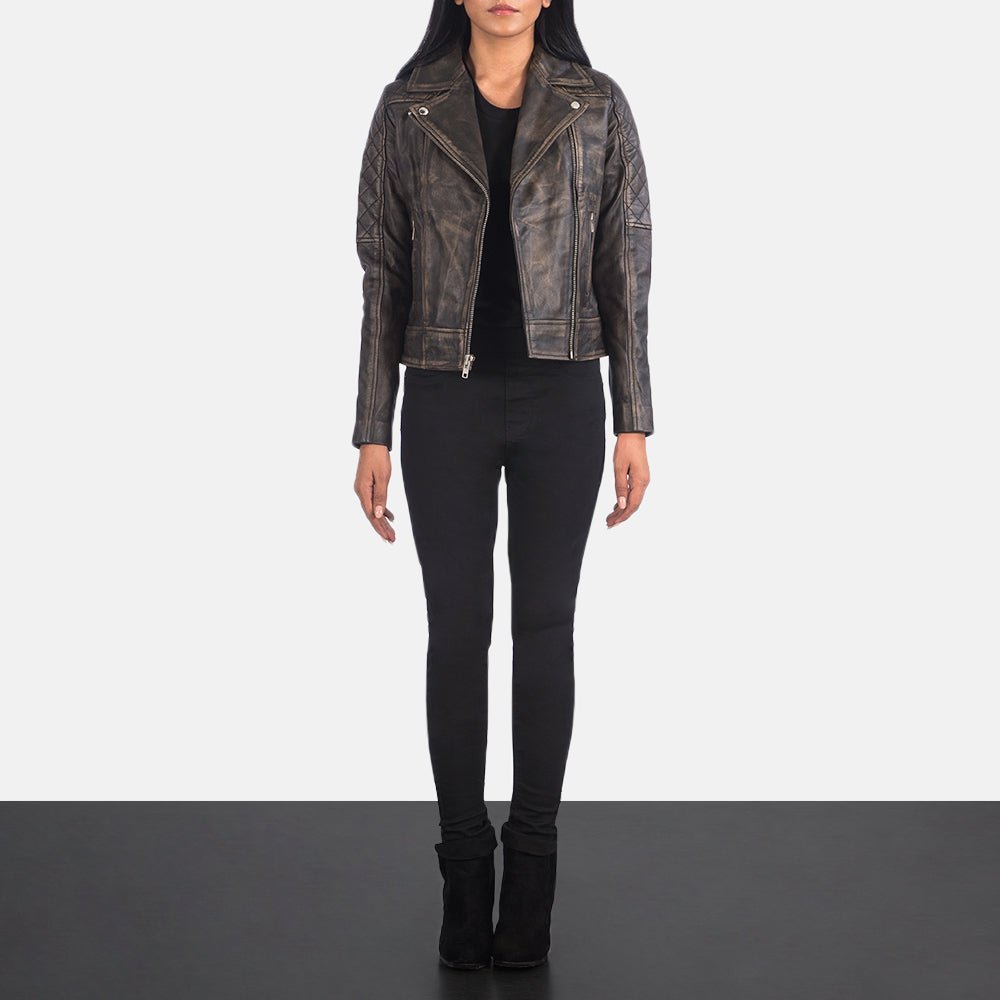 Carolyn Quilted Distressed Brown Biker Jacket - Image 3