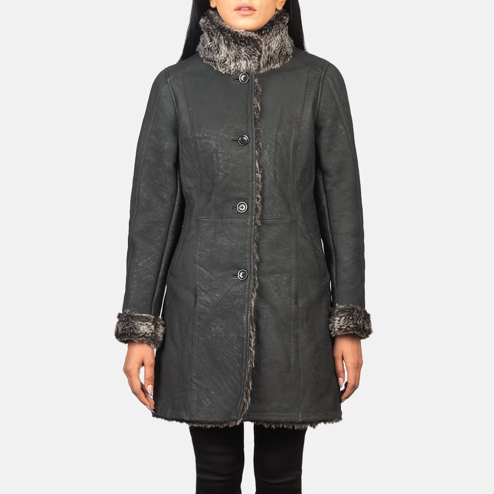 Erica Shearling Black Leather Coat - Image 3