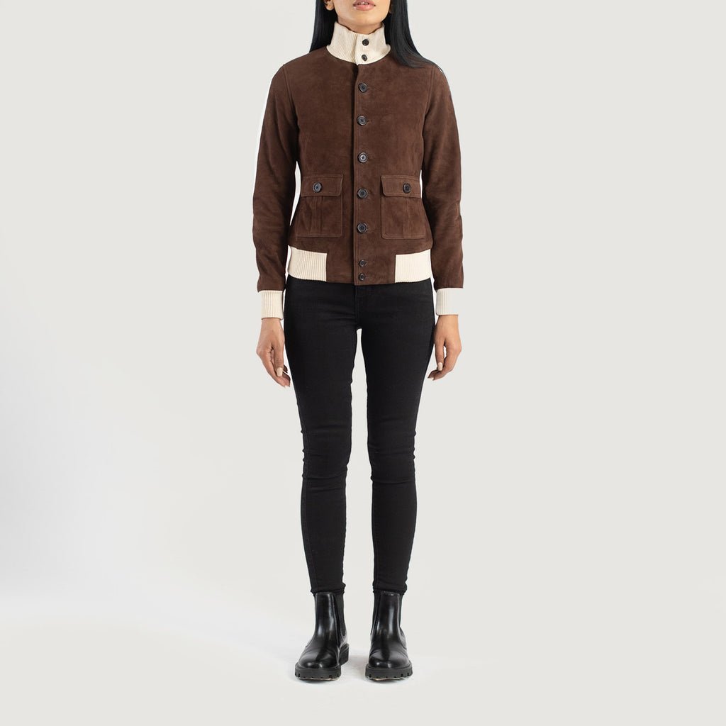 Sasha A1 Mocha Suede Bomber Jacket - Image 3