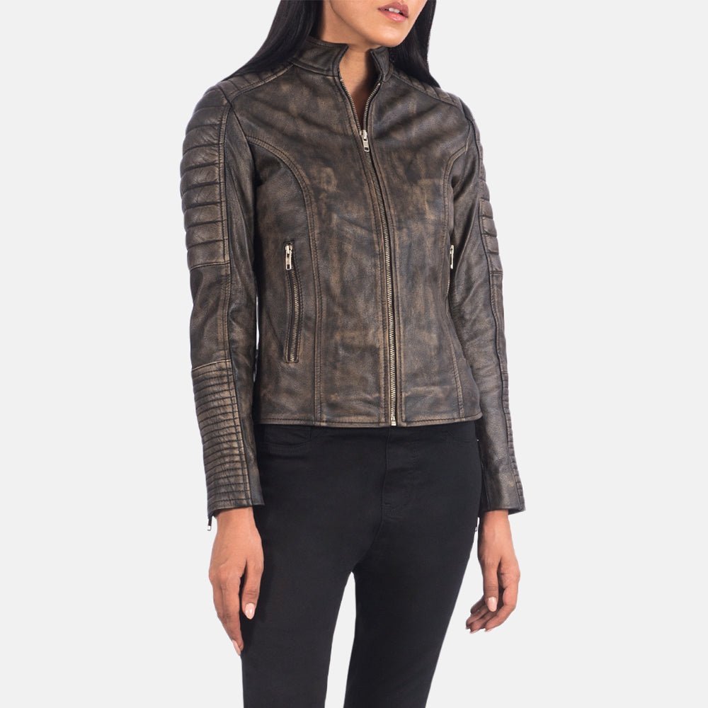 Adalyn Quilted Distressed Brown Leather Biker Jacket - Image 6