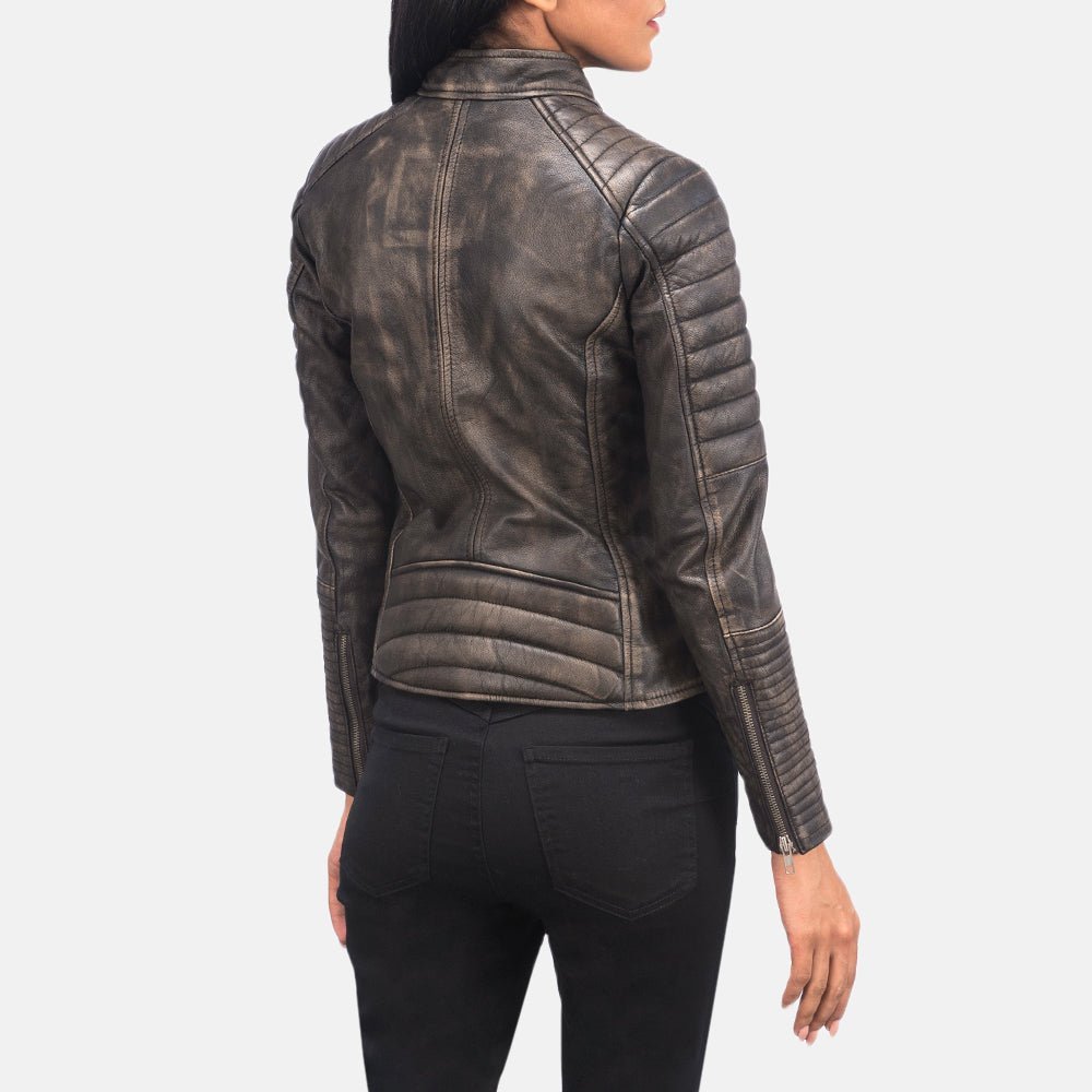Adalyn Quilted Distressed Brown Leather Biker Jacket - Image 5