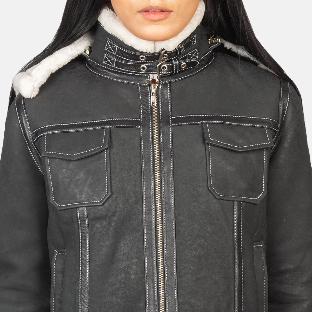 Fiona Black Hooded Shearling Leather Jacket - Image 6
