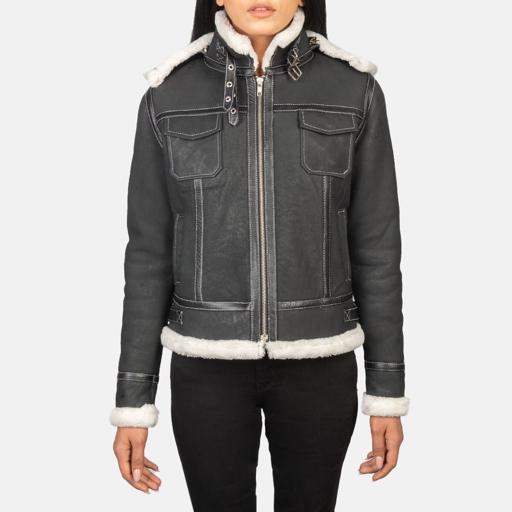 Fiona Black Hooded Shearling Leather Jacket - Image 4
