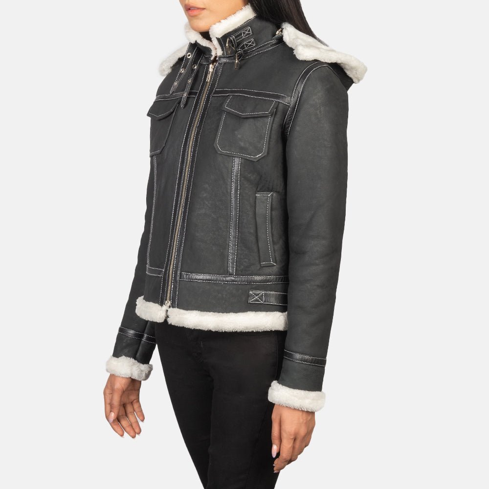Fiona Black Hooded Shearling Leather Jacket - Image 2