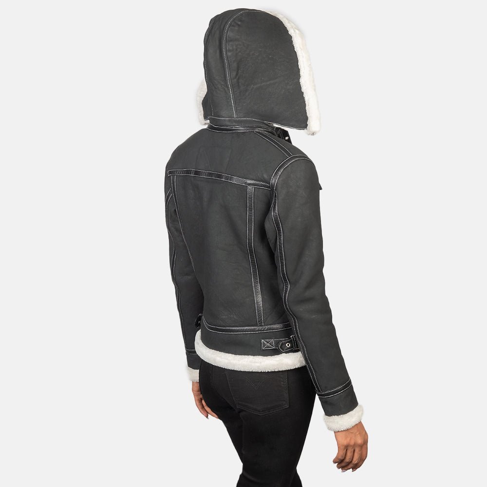 Fiona Black Hooded Shearling Leather Jacket - Image 5