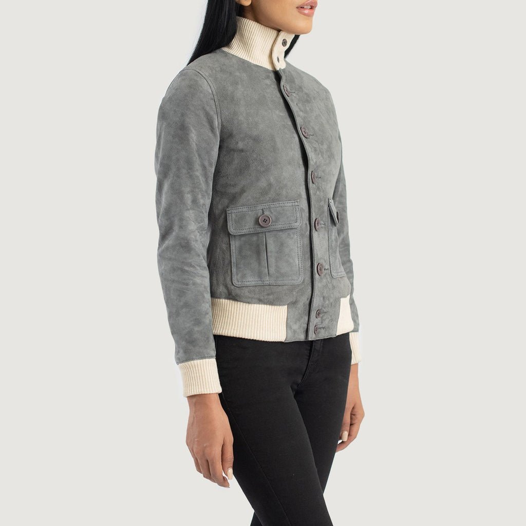 Sasha A1 Grey Suede Bomber Jacket - Image 2