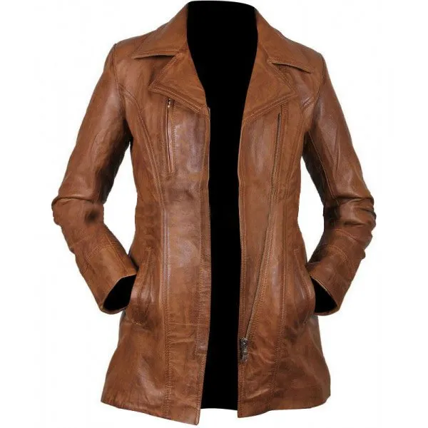 Womens Brown Long Leather Jacket